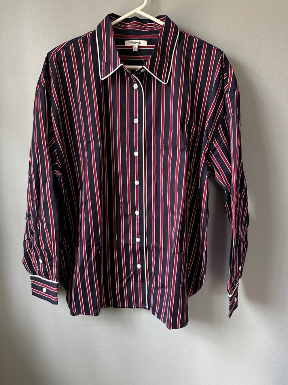 Madewell NWT long Button-Up Shirt in stripe poplin red blue women’s large - Picture 3 of 14